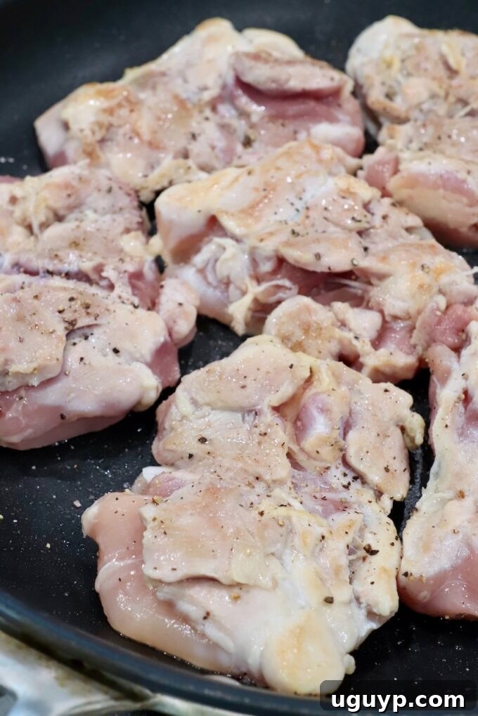 seared chicken thighs in skillet