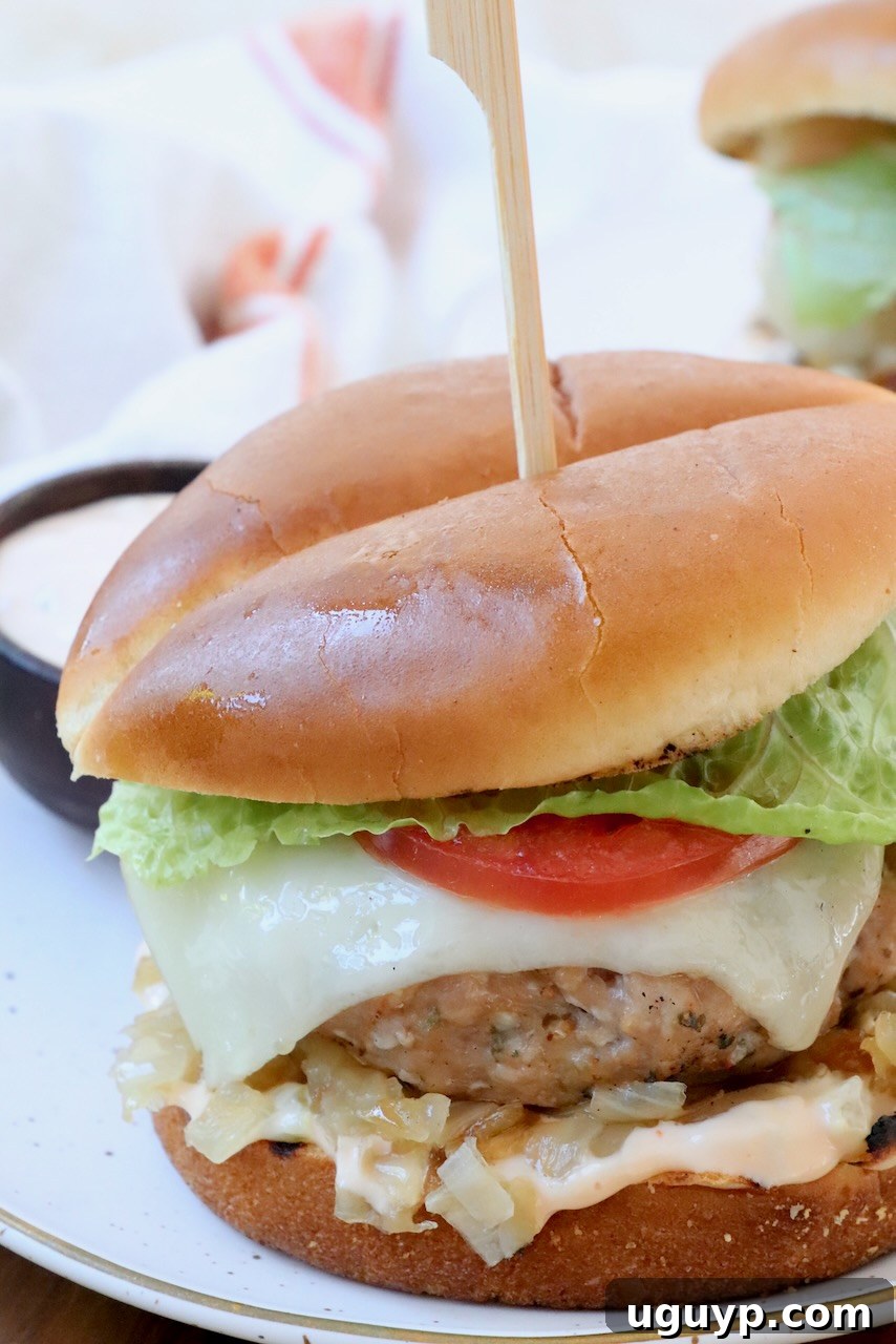 Prepared turkey burger with melted Swiss cheese, served on a plate with fresh garnishes