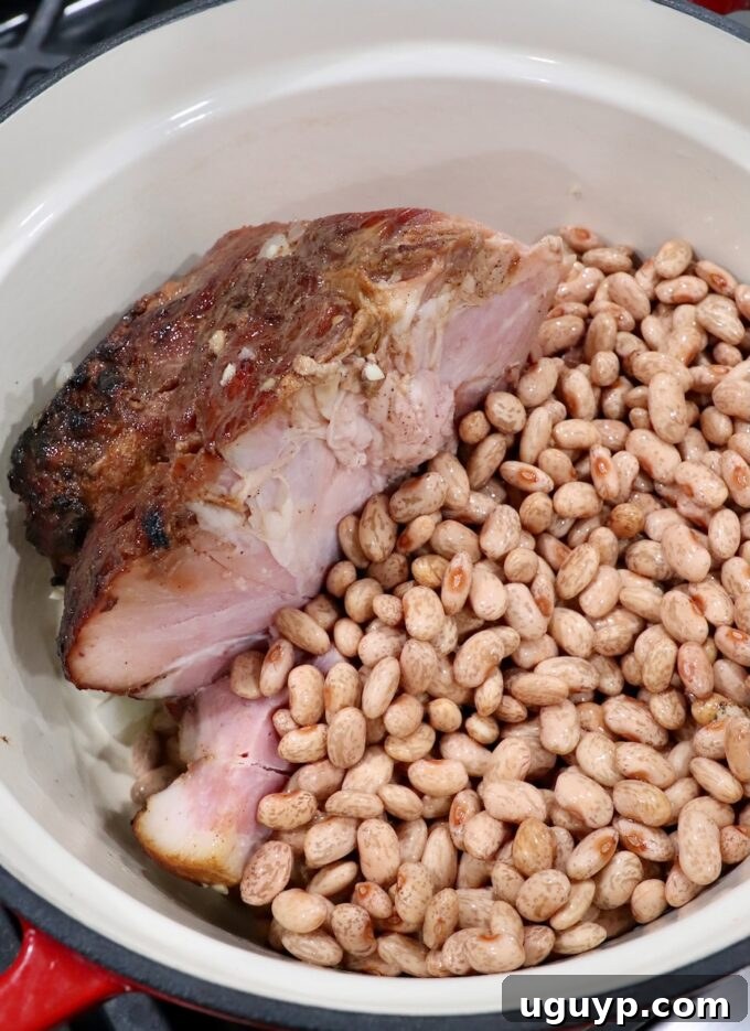 A smoked ham hock and pre-soaked dried pinto beans added to the pot with the sautéed aromatics.