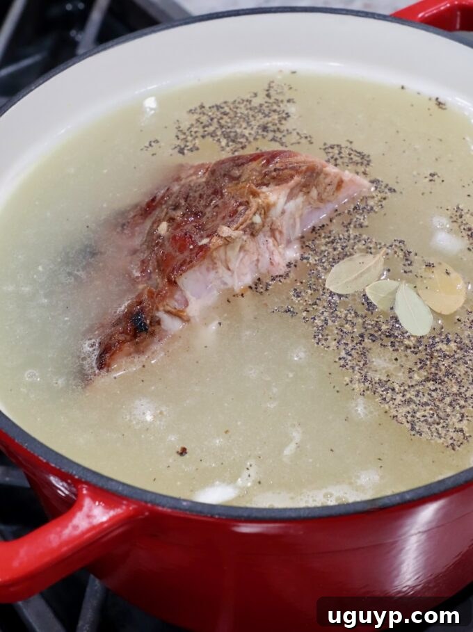 Water, chicken broth, salt, black pepper, and bay leaves poured over the pinto beans and ham hock in the pot.