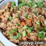 ham fried rice in bowl topped with diced green onions
