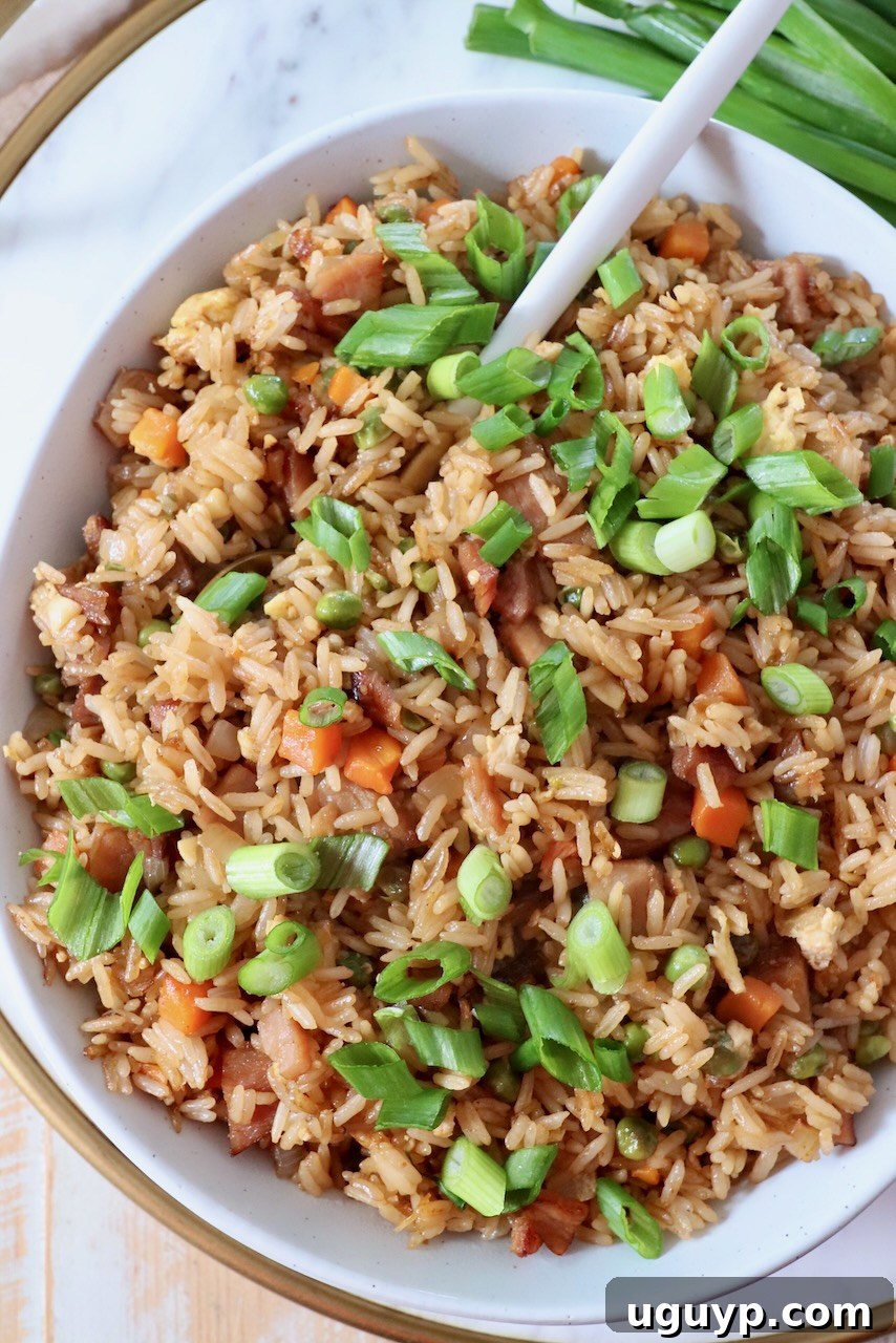 ham fried rice in a bowl, generously topped with fresh diced green onions