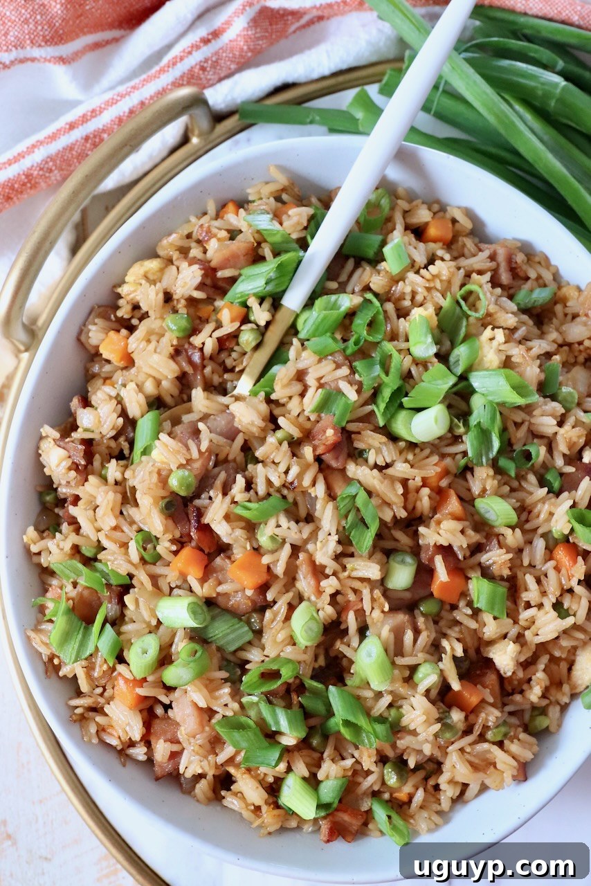ham fried rice in bowl with spoon, garnished with green onions and ready to eat