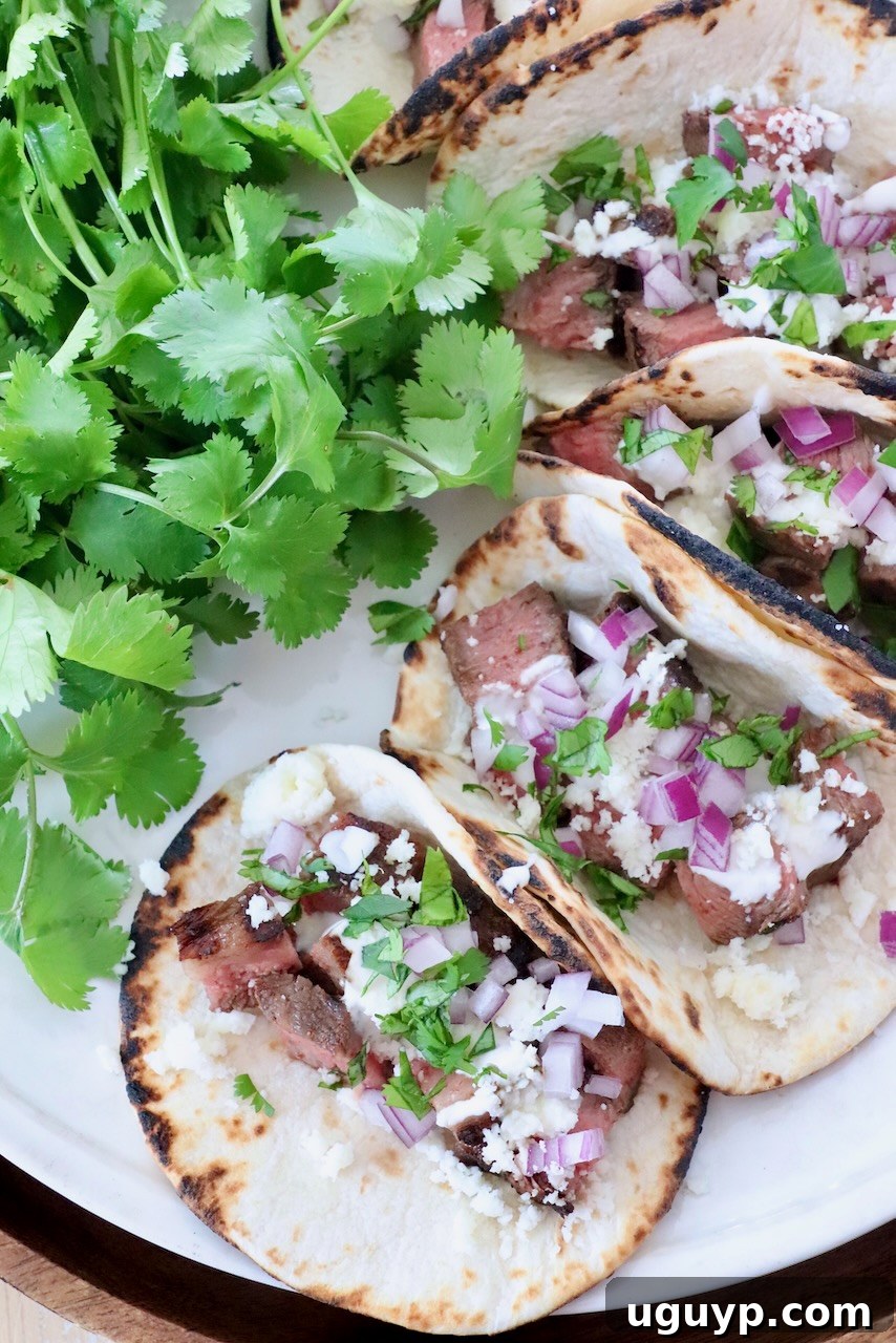 A vibrant plate of flat iron steak tacos garnished with fresh cilantro, ready to be enjoyed.