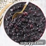 blueberry pie filling in bowl with spoon