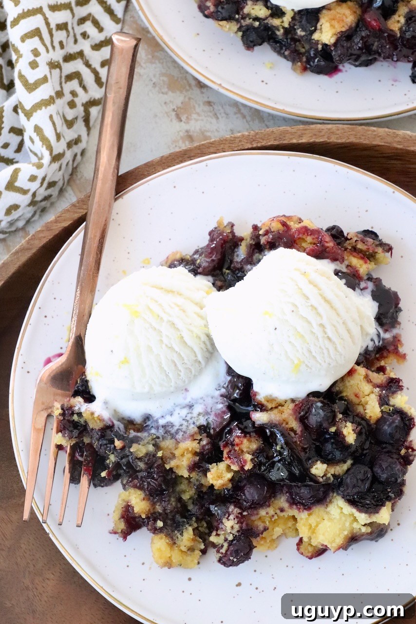 A slice of blueberry dump cake on a white plate with a fork, topped with two scoops of vanilla ice cream.