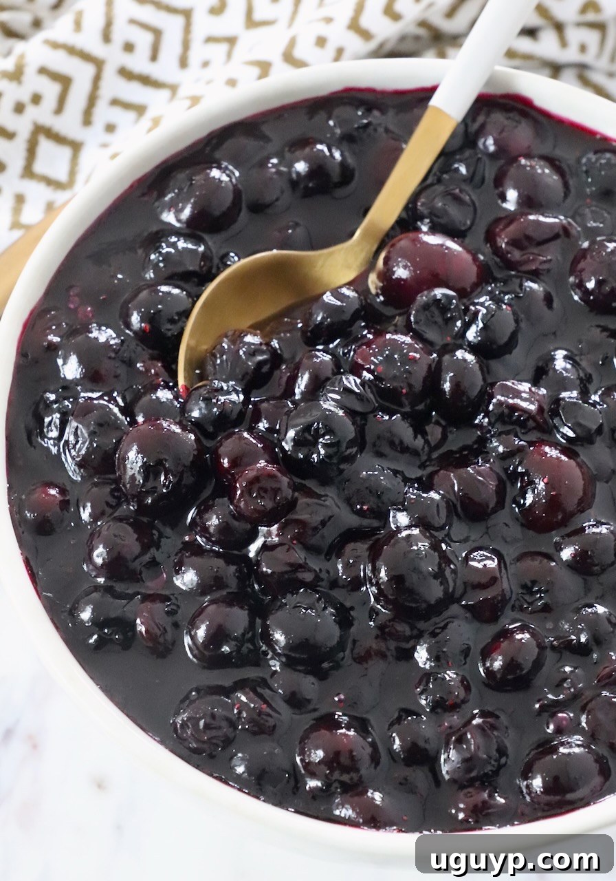 A bowl of fresh homemade blueberry pie filling with a silver spoon, ready for serving.