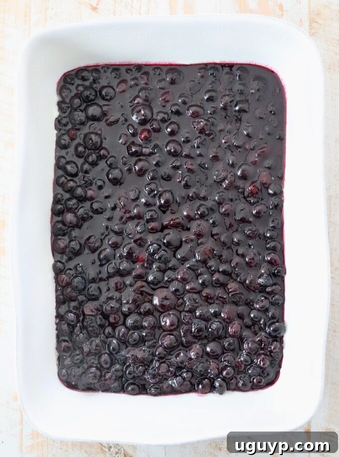 A baking dish filled with an even layer of vibrant blueberry pie filling, ready for the next ingredients.