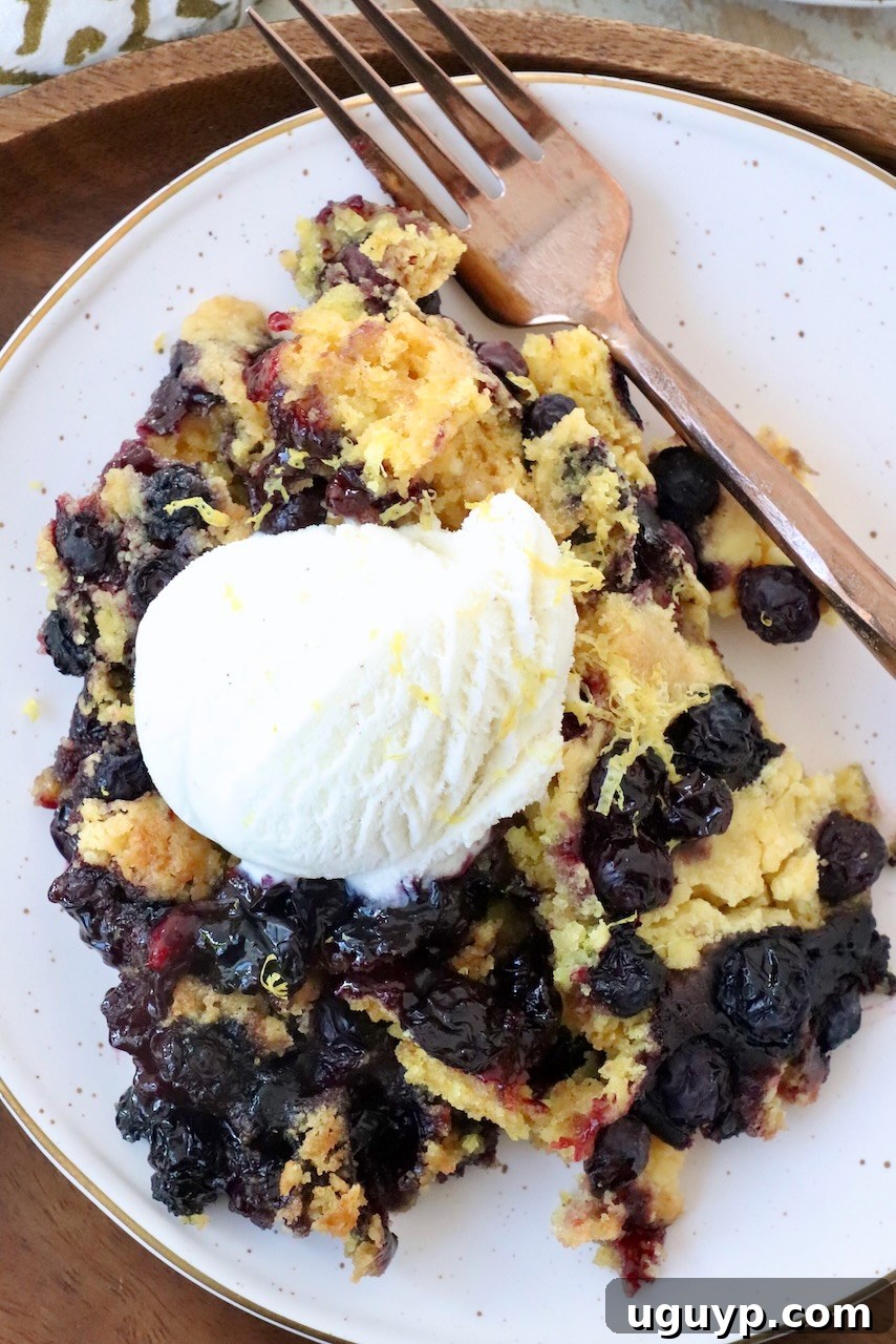 A delectable slice of blueberry dump cake on a white plate with a fork, generously topped with a scoop of creamy vanilla ice cream, ready to be enjoyed.