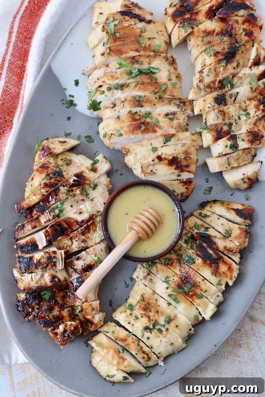 sliced grilled chicken on plate with small bowl of sauce in the middle