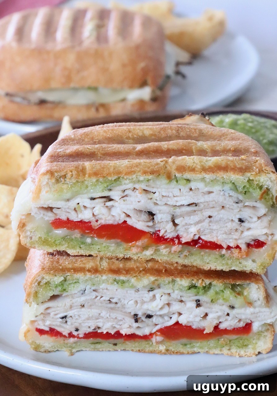 Delicious turkey pesto sandwich sliced in half and stacked on a plate with chips