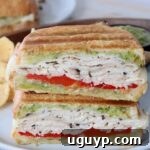 turkey sandwich sliced in half and stacked up on plate