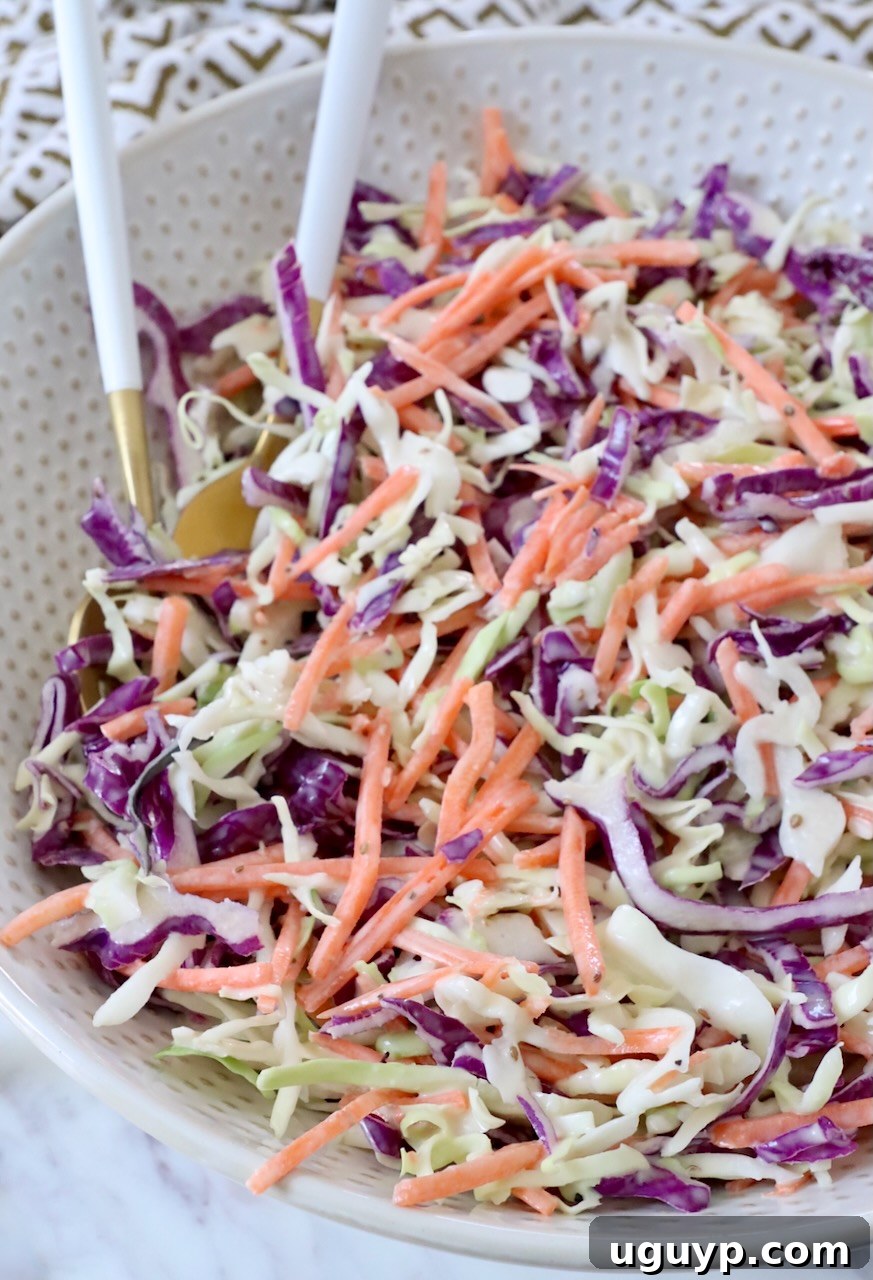 prepared coleslaw in bowl with spoons