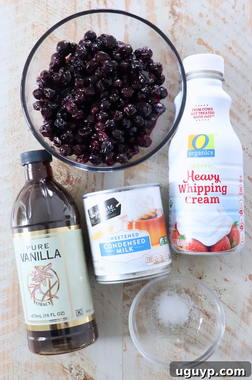 Fresh ingredients for homemade blueberry ice cream displayed on a rustic white wooden board, including blueberries, heavy cream, sweetened condensed milk, and vanilla extract.
