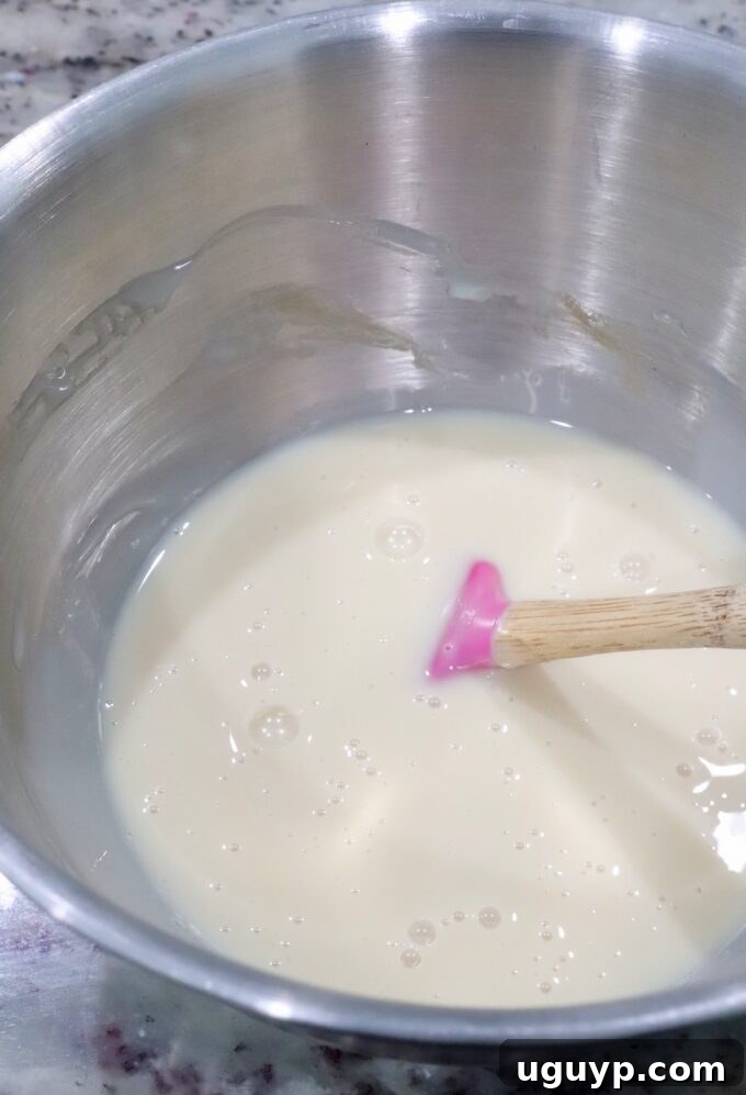 Sweetened condensed milk, vanilla extract, and sea salt are mixed together in a bowl with a small rubber spatula.