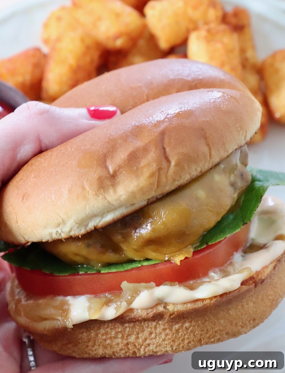 A hand holding a delicious cheeseburger, showing off the melted cheese and perfectly cooked patty.