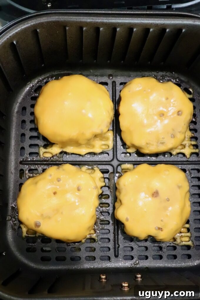 Perfectly melted cheese on hot burger patties, ready to be removed from the air fryer.