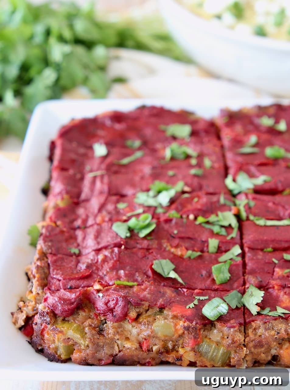 Mexican meatloaf topped with tomato paste, sliced on a white plate with fresh cilantro
