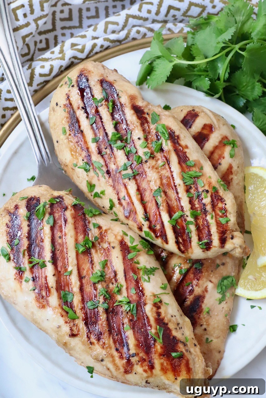 Perfectly grilled chicken breasts arranged on a plate with fresh lemon wedges, ready for serving.
