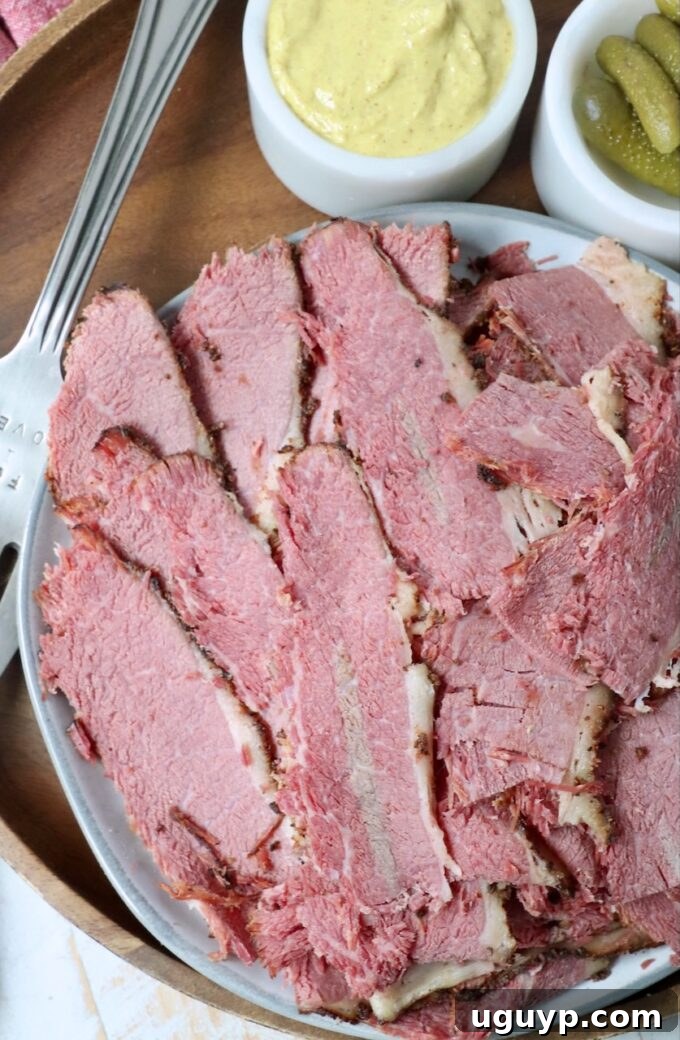thinly sliced pastrami arranged neatly on a white plate