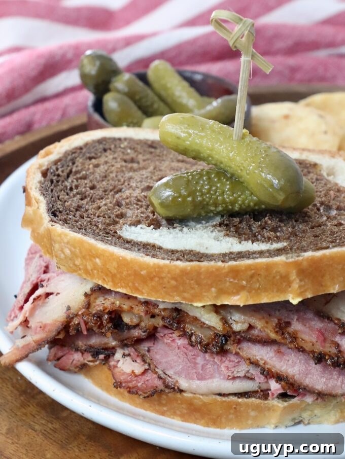 pastrami sandwich on rye bread with cornichon pickles on a plate