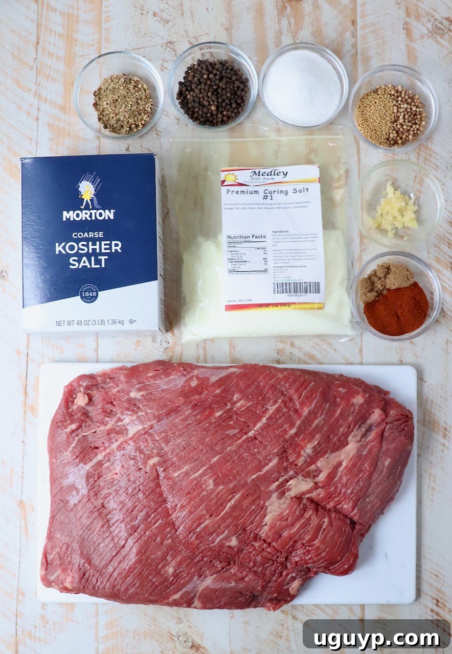 ingredients for homemade pastrami including a brisket, salts, sugars, and spices arranged on a table
