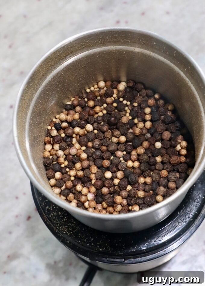 toasted spices, including peppercorns, coriander, and mustard seeds, in a spice grinder
