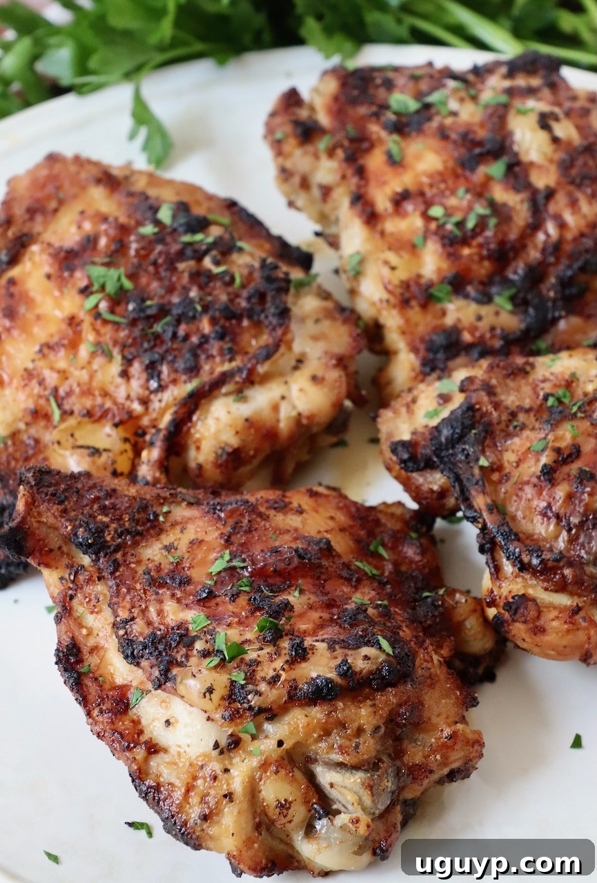 cooked chicken thighs on plate, ready to serve