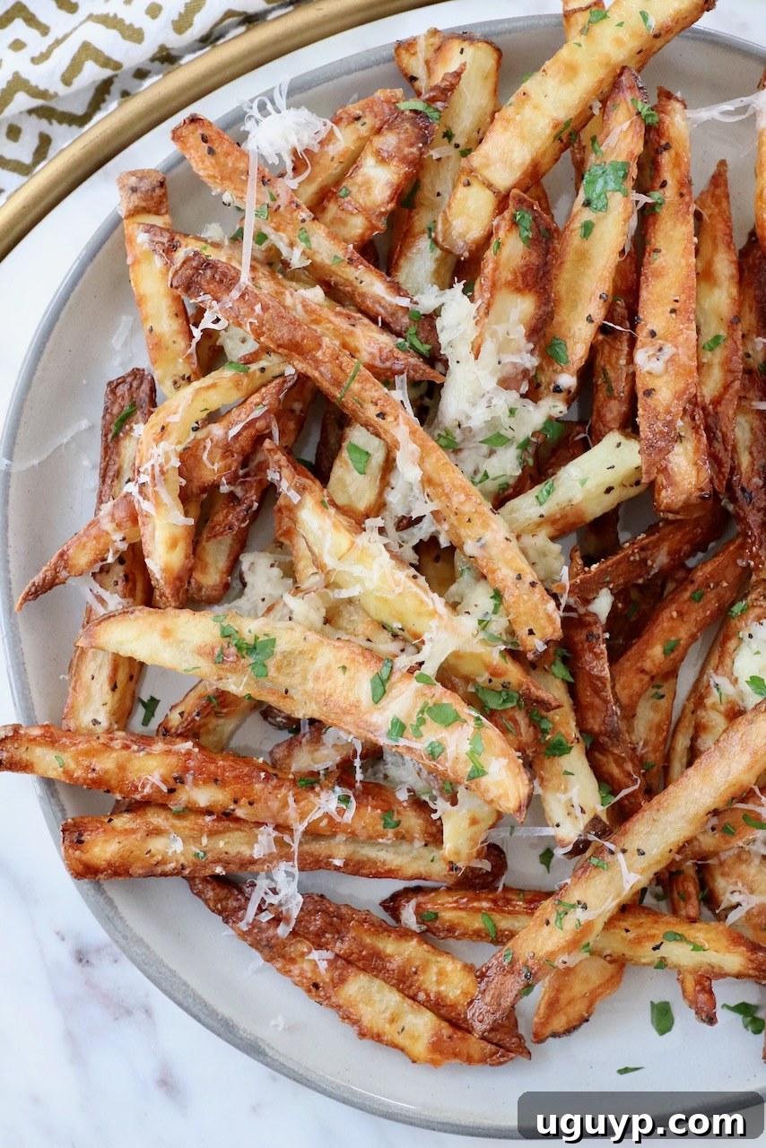 Cooked french fries beautifully arranged on a plate, generously topped with grated Parmesan cheese, showcasing their golden crispiness.