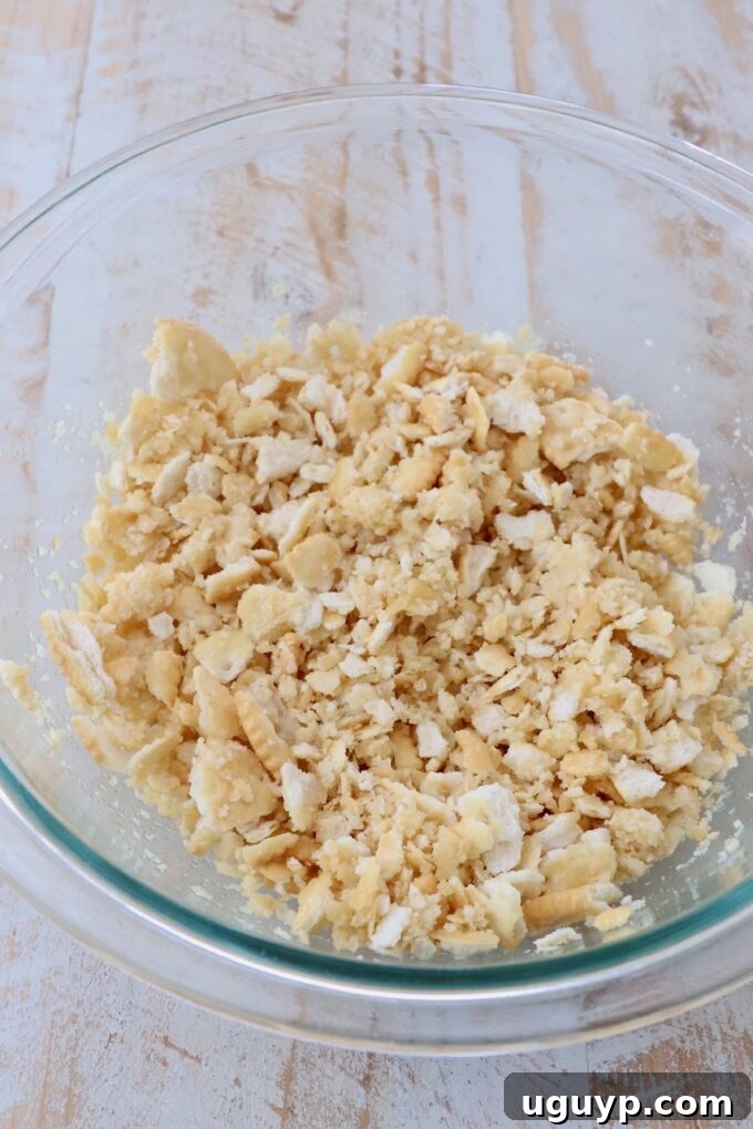 Crushed buttery crackers thoroughly mixed with melted butter in a glass bowl, ready for topping.