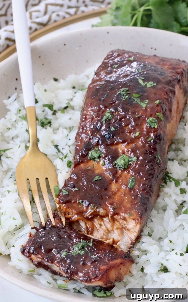 cooked glazed piece of salmon on top of rice in bowl with fork