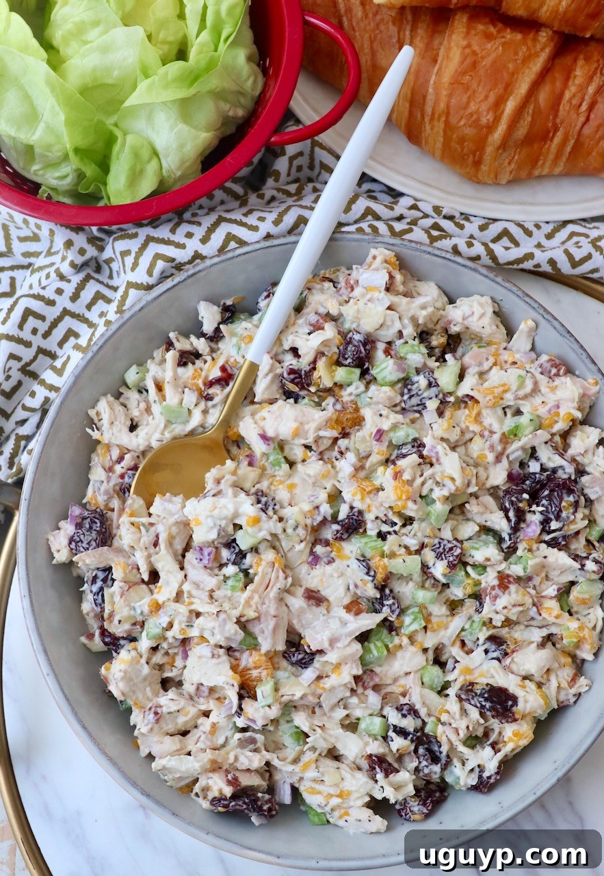 A beautifully presented bowl of classic chicken salad with a serving spoon, ready to be enjoyed.