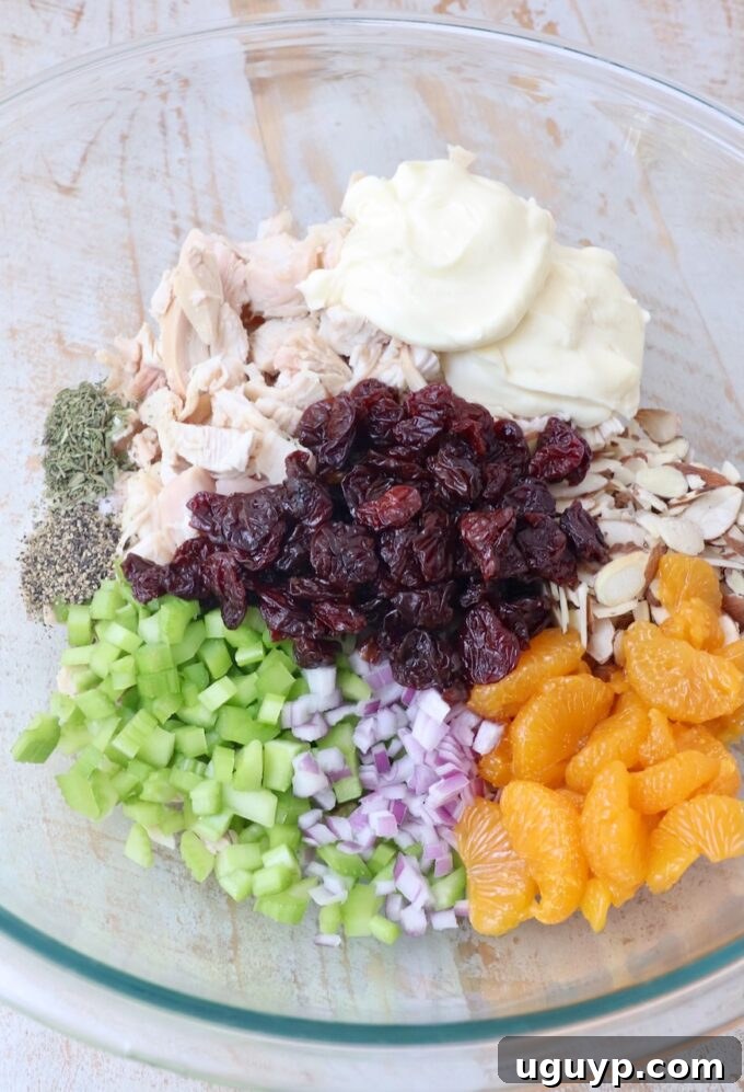 All the chicken salad ingredients laid out in separate sections within a large glass mixing bowl.
