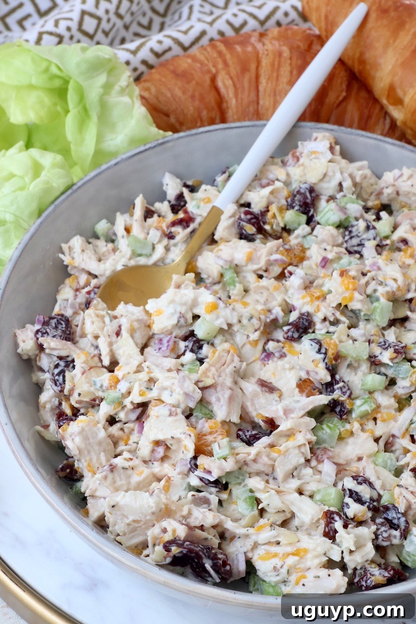 A large bowl of finished chicken salad, garnished with fresh herbs, with a spoon resting inside, ready to serve.