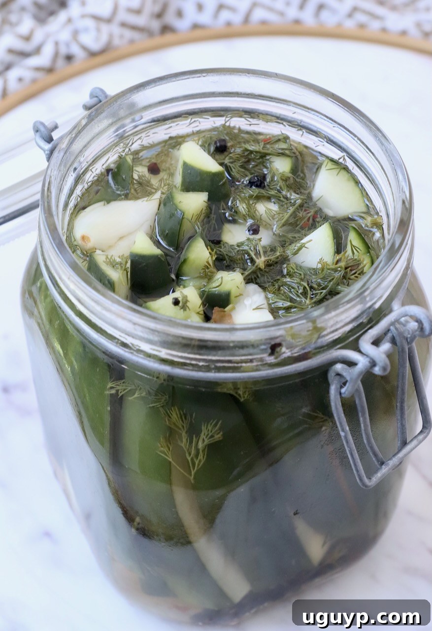 Crisp homemade dill pickles neatly arranged in a clear glass jar, ready for refrigeration and enjoyment.
