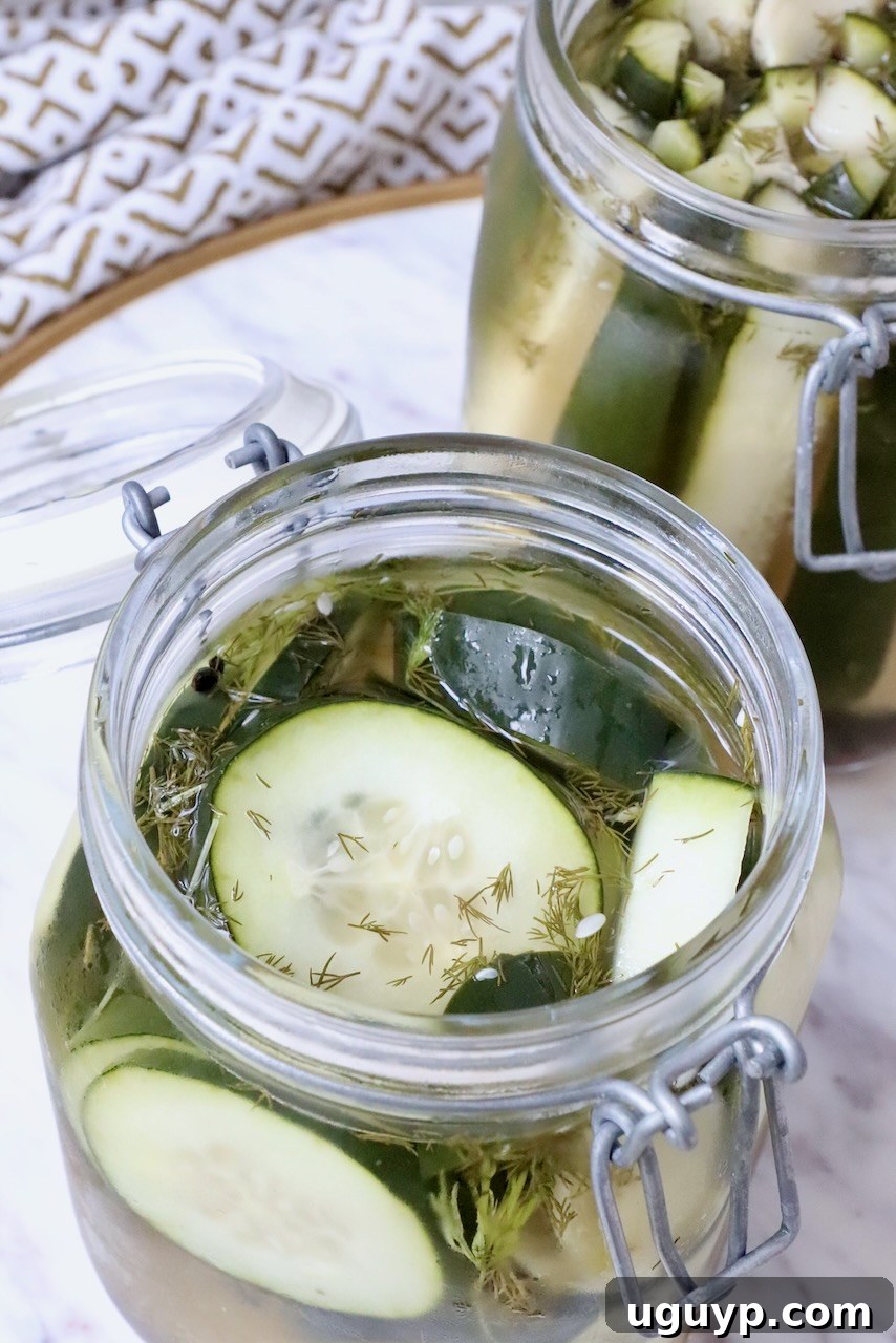A collection of beautifully arranged homemade dill pickles in glass jars, glistening with brine and ready to be served.