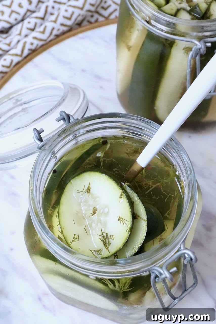 A close-up of crisp homemade dill pickles in a glass jar, with a fork reaching in to retrieve one, emphasizing their perfect texture.