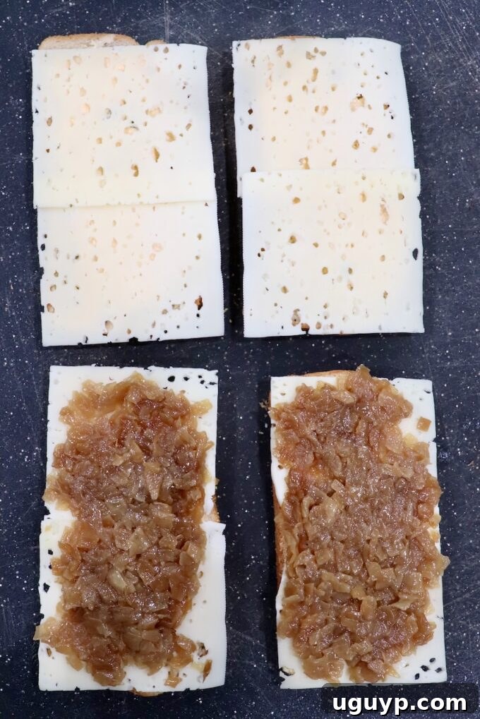 Rye bread slices topped with Swiss cheese and a generous layer of caramelized onions.
