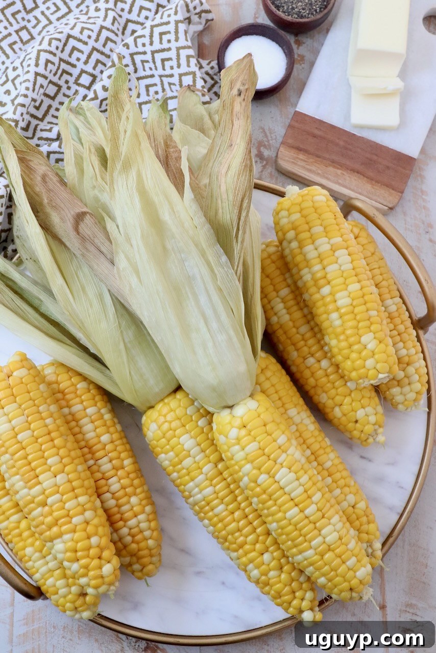 Cooked corn on the cob on a marble serving tray, beautifully golden and ready to eat.