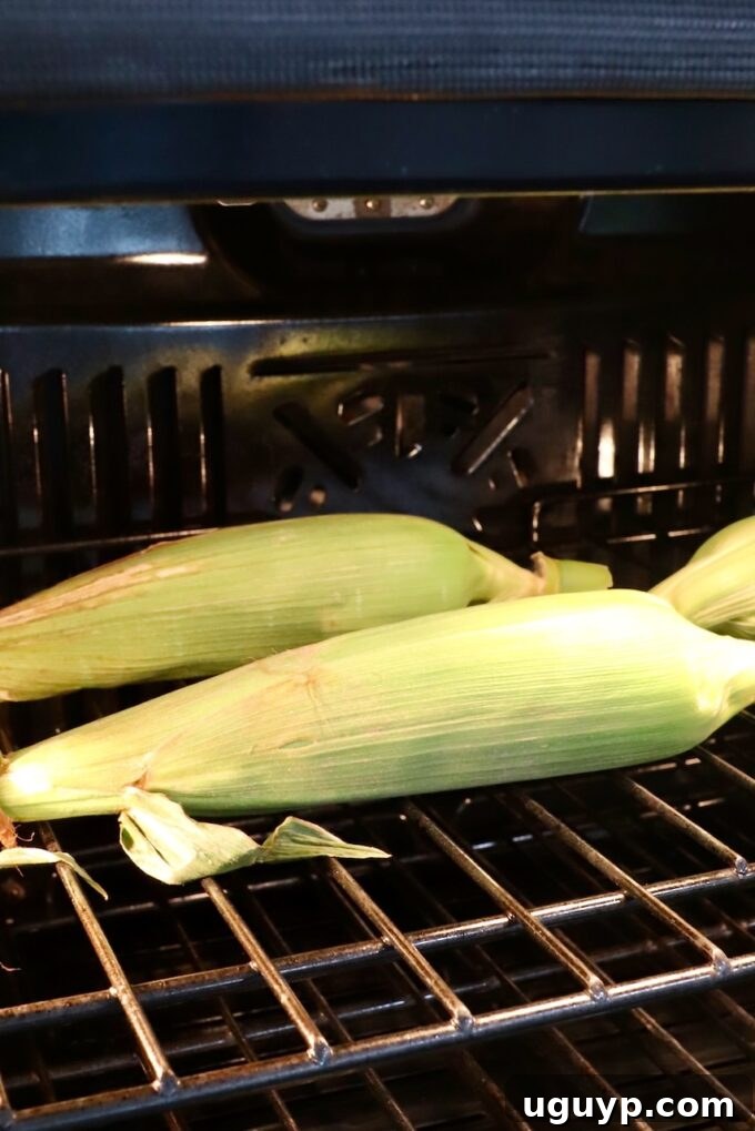 Corn on the cob baking inside an oven on the rack.