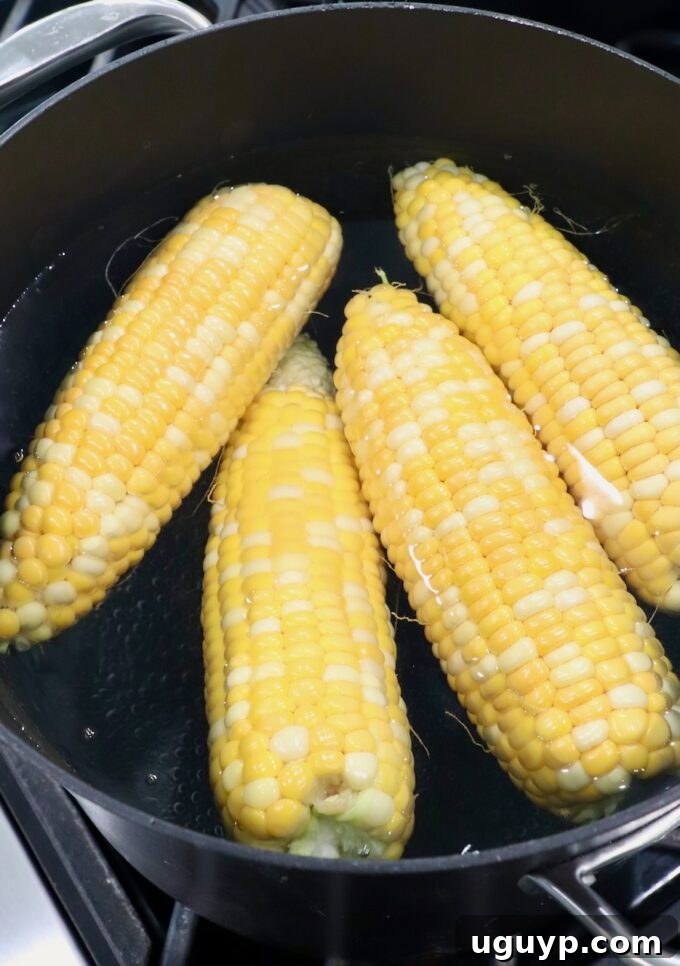 Corn cobs boiling in a large pot of water on the stove.