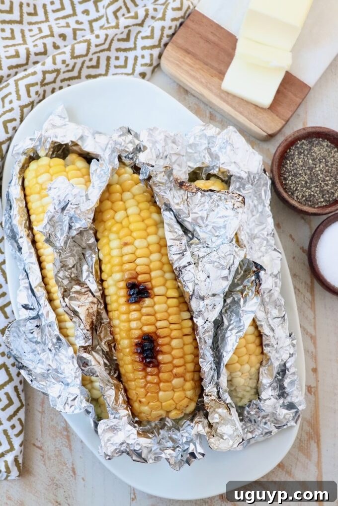 Finished grilled corn on the cob, served unwrapped on a plate.