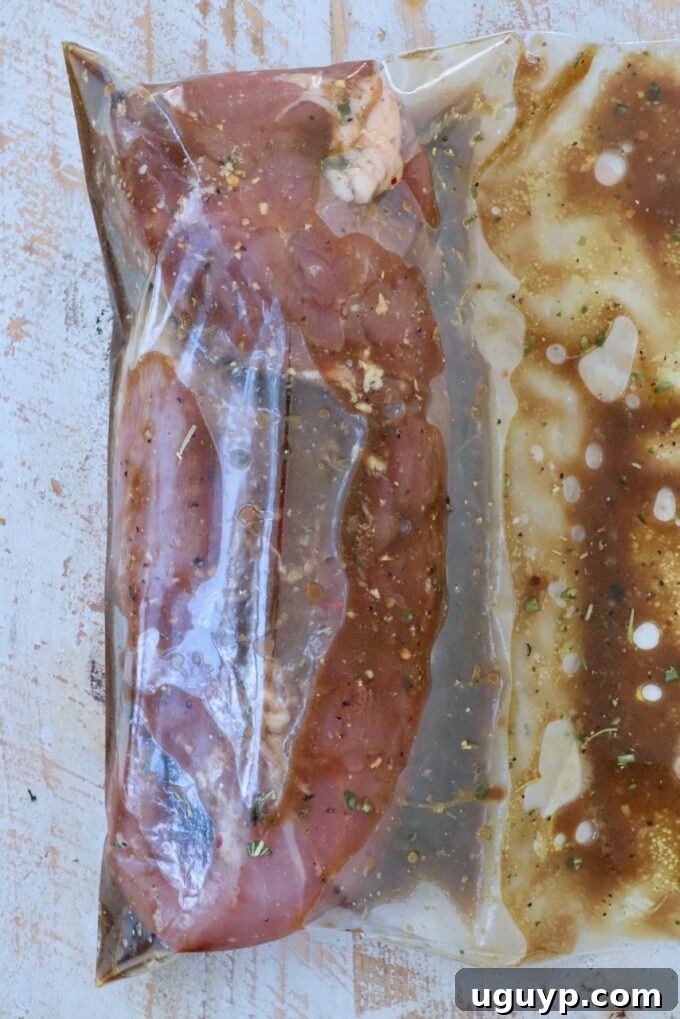 Pork tenderloin submerged in marinade within a zipper bag