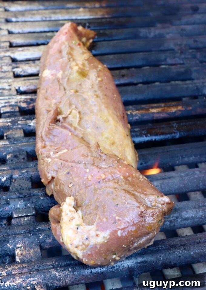 Raw marinated pork tenderloin placed directly on a hot grill