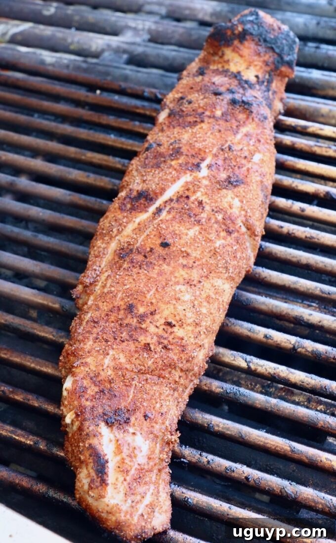 Seasoned pork tenderloin on grill.