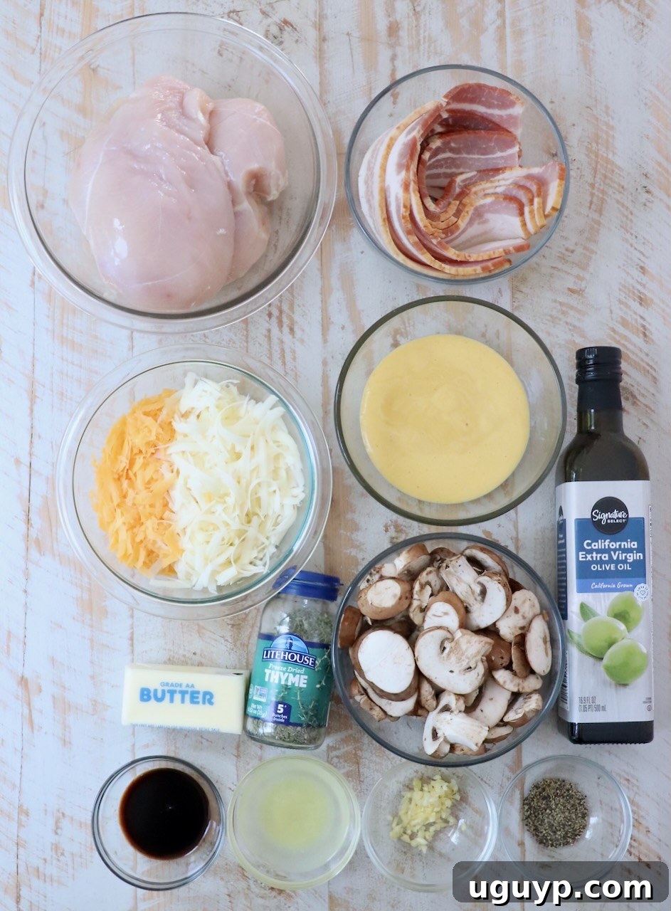 A vibrant display of fresh ingredients for Alice Springs Chicken arranged artfully on a white wooden board, highlighting quality and readiness.