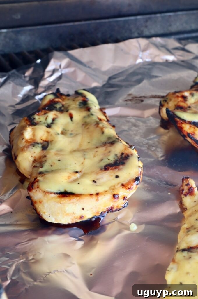 Honey mustard glazed grilled chicken resting on a piece of foil within a hot grill, showcasing beautiful sear marks.