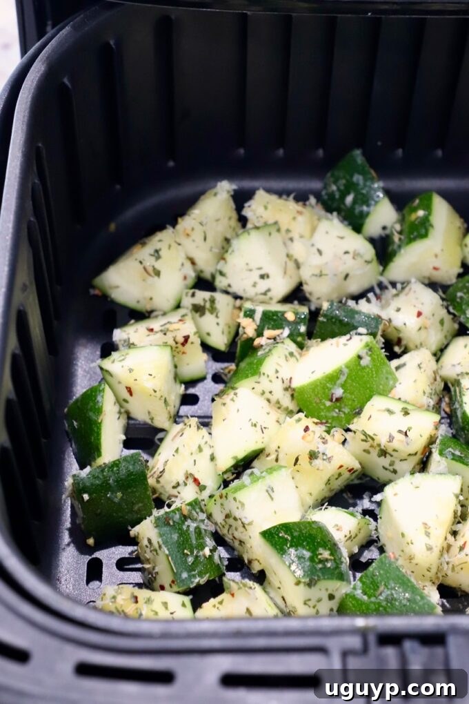 Seasoned diced zucchini spread in a single layer in an air fryer basket