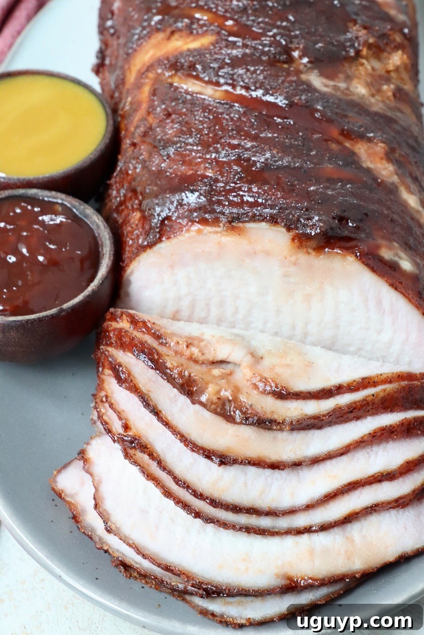 Perfectly sliced smoked pork loin arranged elegantly on a serving platter, ready to be enjoyed by guests with its irresistible smoky aroma.