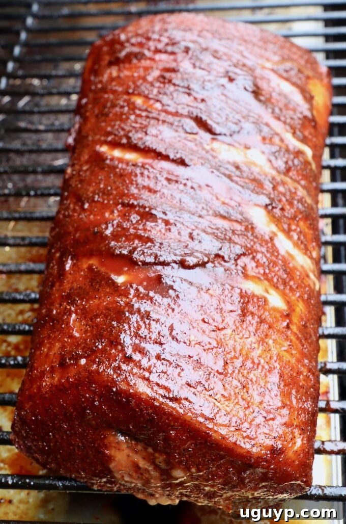 A beautifully glazed BBQ pork loin resting on the smoker, showcasing its perfectly caramelized exterior and ready for the final step.
